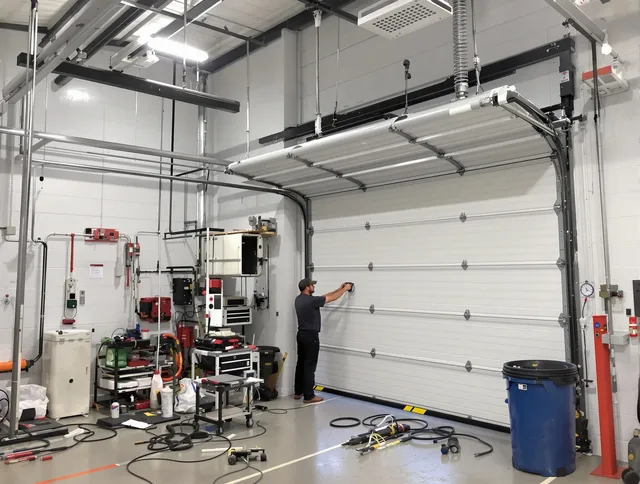 Garden City Garage Door Repair certified technician performing commercial door repair at a Garden City business facility