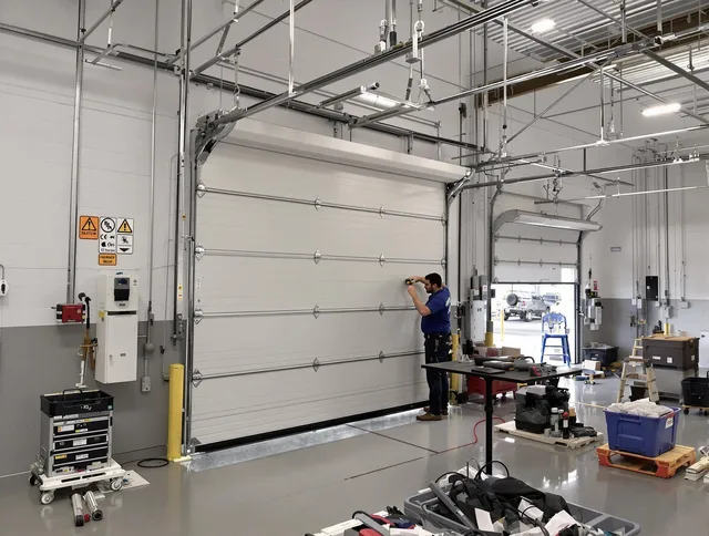 Commercial garage door repair being performed by Garden City Garage Door Repair expert in Garden City