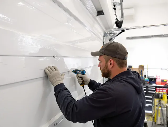 Garden City Garage Door Repair technician demonstrating precision dent removal techniques on a Garden City garage door