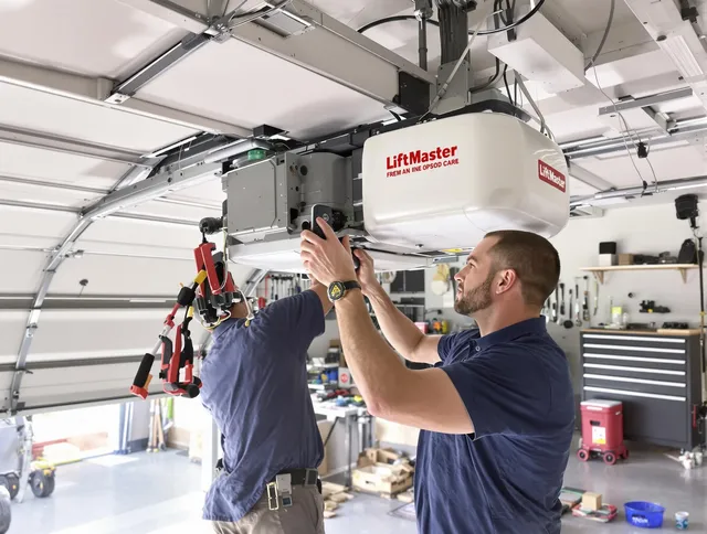 Garden City Garage Door Repair technician performing advanced diagnostics on garage opener in Garden City
