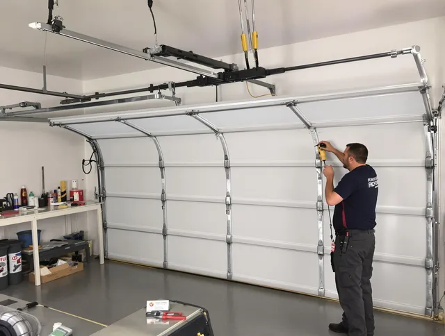 Garden City Garage Door Repair certified technician performing overhead door system repair in Garden City