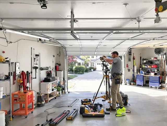 Garden City Garage Door Repair specialist performing laser-guided track alignment in Garden City